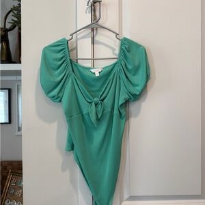 Green Puff Sleeve Tie-Front Bodysuit